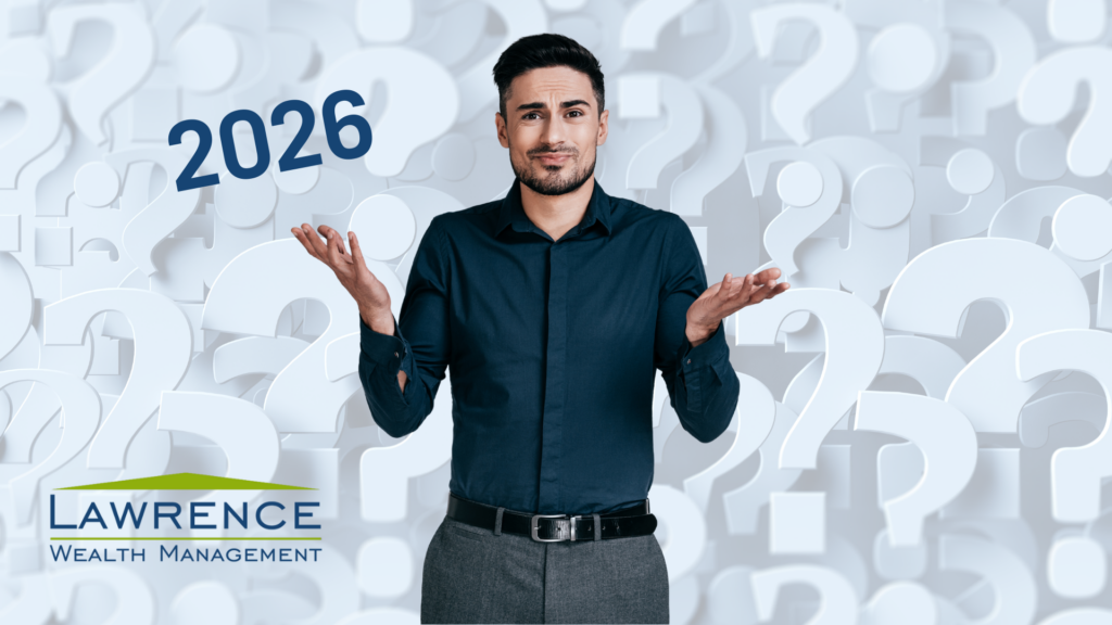 man shrugging shoulders with a background of question marks and 2026 and company logo in foreground
