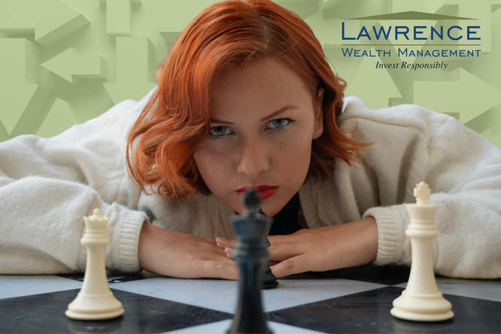 woman staring at chess pieces, background has arros going all directions