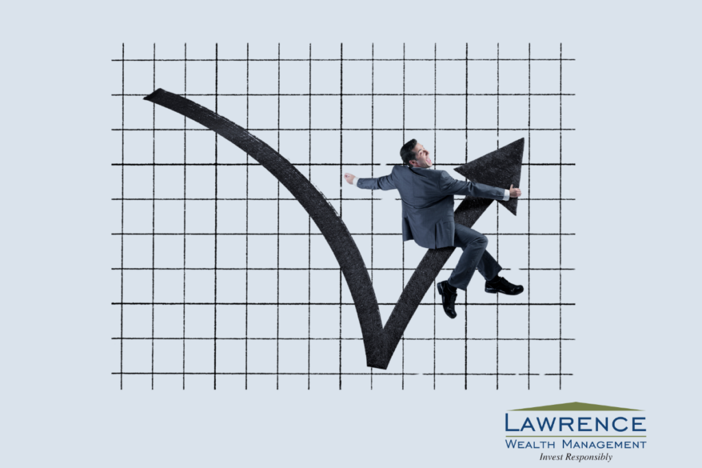 man in suit sitting on rebounding arrow across graph