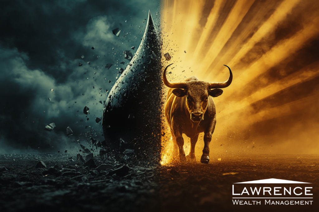 image of giant drop of oil crashing contrasted with a bull charging through golden light