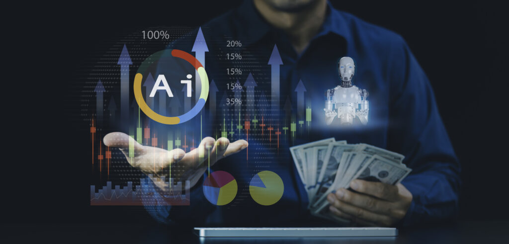 businessman using data analysis, agentic ai technology, automation systems to help make money, financial artificial intelligence, business growth, investment strategy, economic forecast